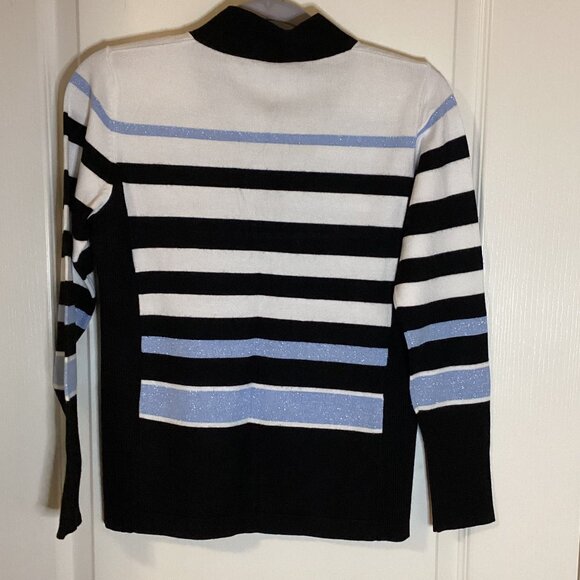 Laura Petites Women's Pullover Sweater V-Neck Size P/S  Blue Black White Stripes - Picture 3 of 7